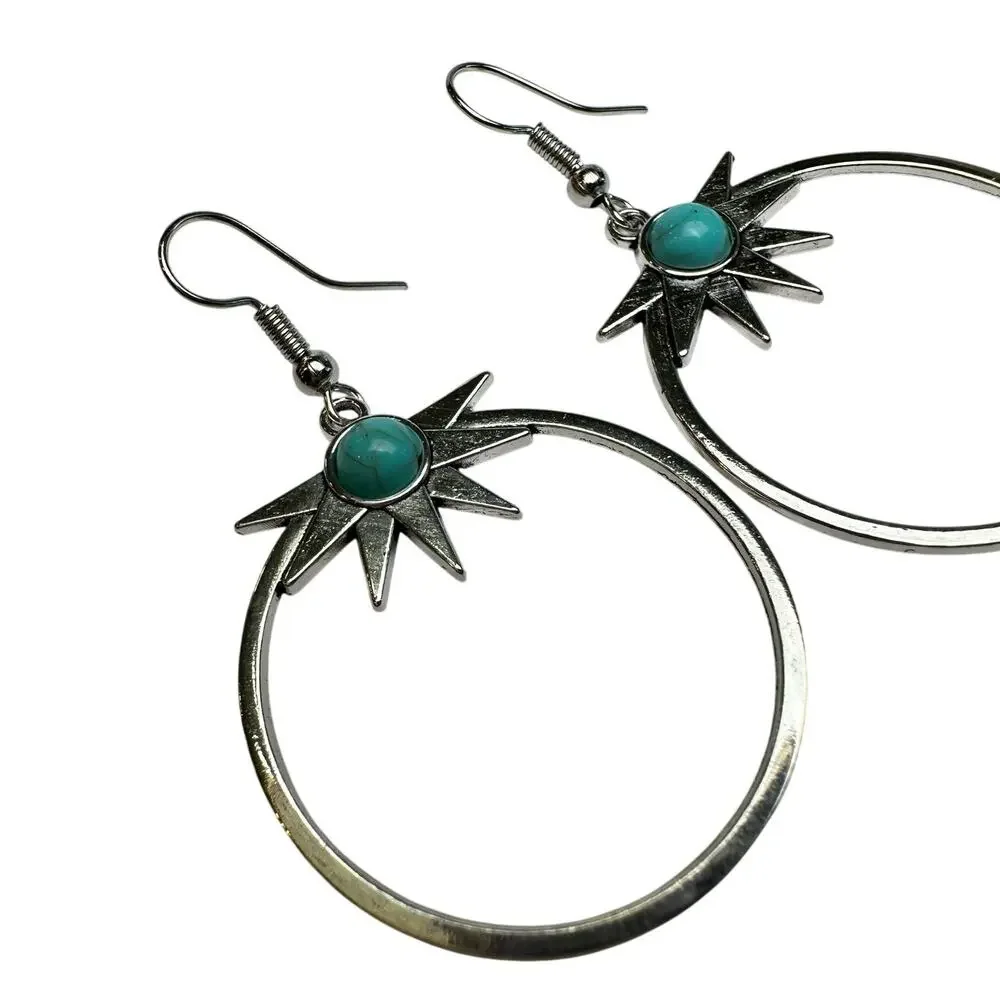 Silvertone Dangle Hoops with Star + Faux Turquoise Earrings Western Boho Cowgirl